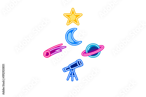 A collection of neon space icons including a yellow star, blue crescent moon, pink comet, ringed planet, and blue telescope, all glowing against a solid black background.