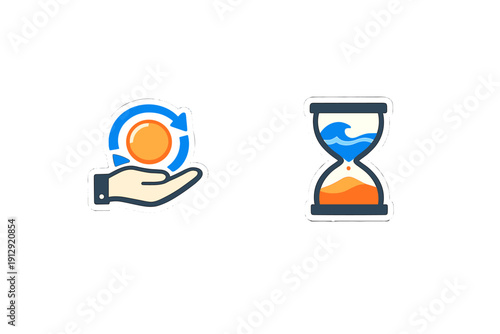 Two stylized icons on a black background. One shows a hand holding a coin with circular arrows, and the other is an hourglass with blue water and orange sand inside.