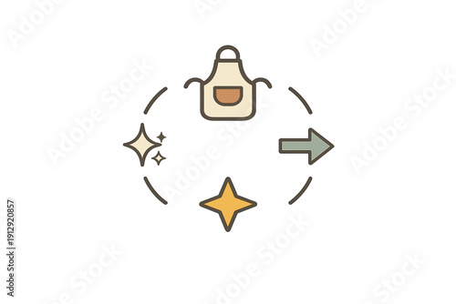 A circular graphic on a black background features a beige apron, a green arrow pointing right, a large yellow star, and three small white stars arranged in a ring.