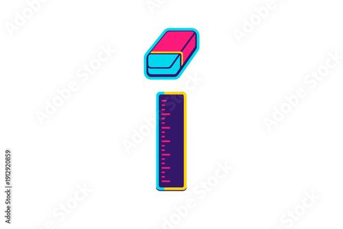 A vibrant vector illustration of the lowercase letter i, where the dot is represented by a pink and blue eraser and the stem is a vertical purple ruler on a black background.