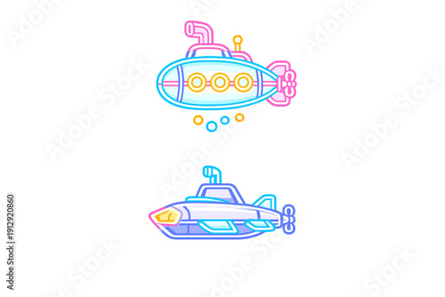Two stylized neon submarine illustrations on a black background. The top one is rounded with pink and blue outlines, while the bottom one is sleek with cyan and white glowing edges.