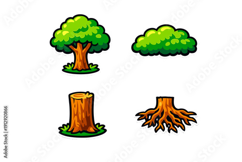 A collection of four cartoon-style illustrations featuring a full green tree, a lush bush, a wooden tree stump on grass, and a set of exposed brown roots against a black background.