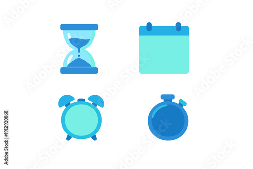 A collection of four blue time-related icons including an hourglass, a calendar, an alarm clock, and a stopwatch, set against a dark background with subtle vertical lines.