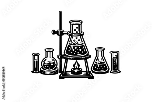 This minimalist black and white graphic depicts a chemistry lab setup with several glass flasks, a graduated cylinder, and a burner heating a bubbling liquid on a metal stand.