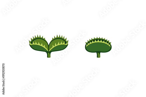 This graphic shows two stylized green Venus flytrap icons on a solid black background. One trap is open with visible teeth, and the other is closed, representing a carnivorous plant.