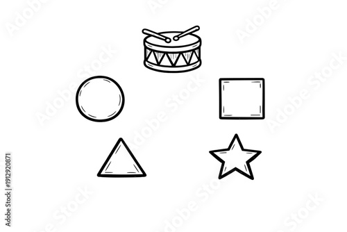 A collection of hand-drawn white icons on a black background featuring a drum with sticks, a circle, a square, a triangle, and a star in a minimalist doodle style.