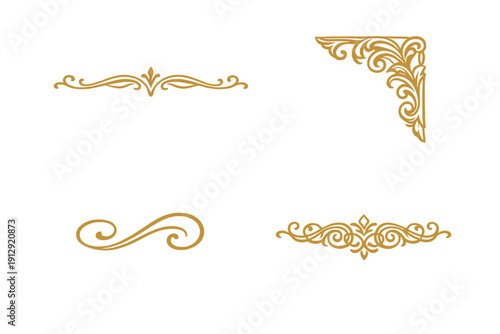 Four elegant golden decorative ornaments featuring intricate scrolls and flourishes are displayed on a black background, perfect for vintage borders and classic design projects.