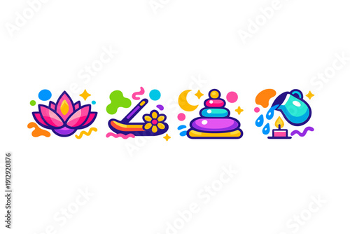 A set of four vibrant, stylized icons representing wellness and meditation, featuring a lotus flower, incense burner, stacked zen stones, and a water pitcher with a candle.