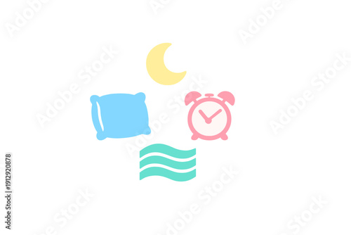 This illustration features a yellow crescent moon, a blue pillow, a pink alarm clock, and teal wavy lines arranged on a black background, representing sleep and rest.