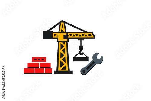 A flat vector illustration featuring a yellow construction crane, a stack of red bricks, and a grey wrench against a solid black background, representing building and repair.