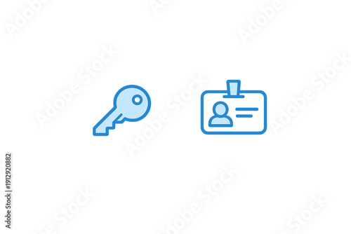 Two blue icons representing a key and an identification card are displayed against a solid black background. The minimalist design features light blue fills and dark blue outlines.