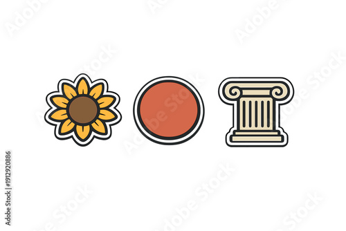 A collection of three flat design stickers including a yellow sunflower, a reddish-orange circle, and a beige classical column, all set against a plain black background.