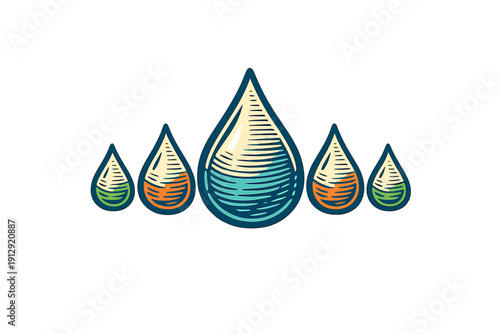 This graphic illustration depicts five stylized water drops in a retro woodcut style with cross-hatched details, featuring blue, orange, and green hues on a plain black backdrop.