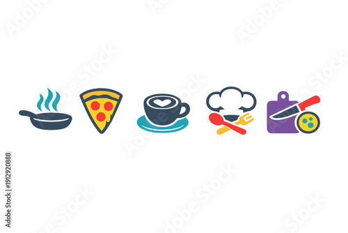 A set of five colorful food and cooking icons including a steaming frying pan, a slice of pizza, a cup of coffee with latte art, a chef hat with utensils, and a cutting board with a knife.