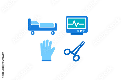 A collection of four blue medical icons including a hospital bed, a heart rate monitor, a surgical glove, and scissors, set against a solid black background for a clean look.
