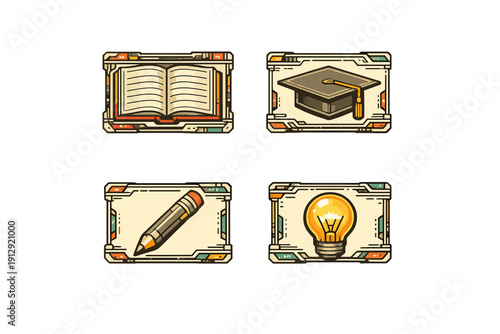 A set of four stylized education icons featuring an open book, a graduation cap, a pencil, and a glowing light bulb, all enclosed in decorative futuristic frames on a black background.