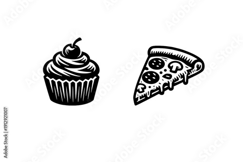 A black and white illustration featuring a cupcake with a cherry on top and a slice of pizza with various toppings, presented as minimalist line art on a dark background.