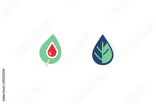 Two minimalist icons are displayed against a black background. The left icon is a green leaf with a red drop, while the right is a blue teardrop featuring a green leaf pattern.