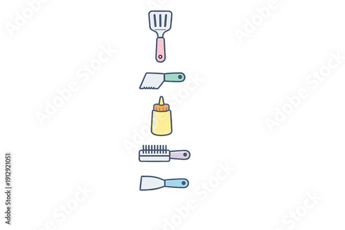 A collection of five flat design kitchen utensil icons including a spatula, scraper, squeeze bottle, and basting brush, arranged vertically on a solid black background.