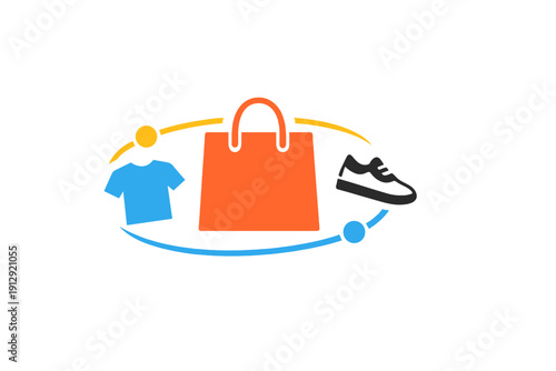 A graphic illustration featuring an orange shopping bag, a blue t-shirt, and a black shoe arranged in a circular orbit on a black background, representing retail and commerce.