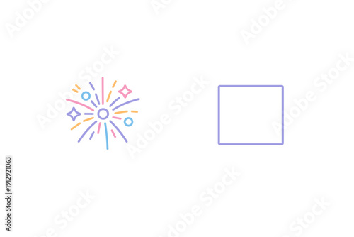 A colorful stylized firework burst with pink, blue, and orange elements next to a simple purple square frame, both isolated on a solid black background in a minimalist graphic style.