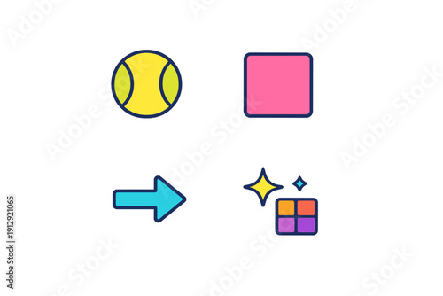 A set of four vibrant vector icons on a black background featuring a yellow tennis ball, a pink rounded square, a blue right arrow, and a group of stars with a colorful grid pattern.