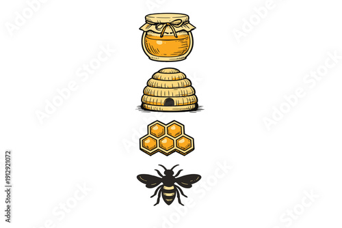 A vertical collection of four illustrations featuring a jar of honey, a traditional beehive skep, a small honeycomb section, and a bee silhouette against a solid black background.