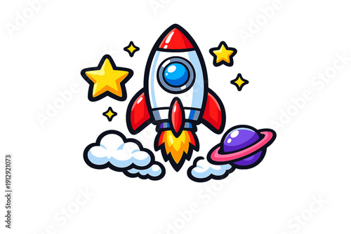 A colorful cartoon illustration of a rocket ship launching into outer space, surrounded by bright yellow stars, a purple ringed planet, and stylized clouds on a black background.