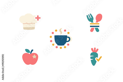 A collection of five flat food and kitchen icons featuring a chef hat, crossed utensils, a steaming coffee cup, a red apple with a star, and a carrot with a checkmark on a black background.