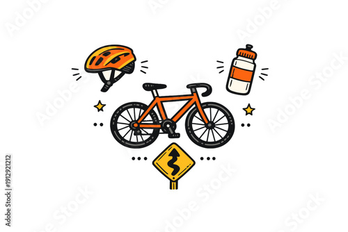 A flat illustration featuring an orange bicycle, a matching helmet, a water bottle, and a winding road sign set against a solid black background with decorative stars and dots.