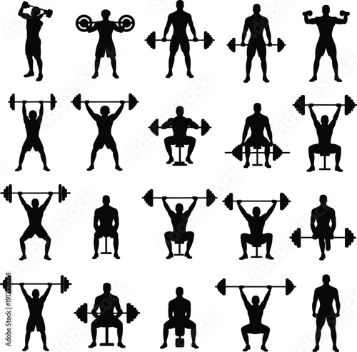 Weightlifting silhouettes collection, bodybuilder performing barbell and dumbbell gym exercises vector illustration isolated on white background fitness training set