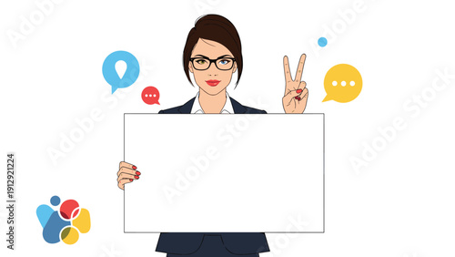 Professional woman wearing glasses and a business suit holding a large blank white sign for custom text or advertisement messages.
