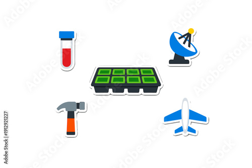 A collection of five colorful sticker icons featuring a test tube, a satellite dish, a seedling tray, a hammer, and an airplane, all arranged on a solid black background.