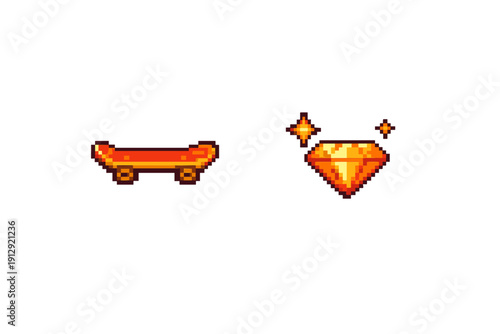 Pixel art illustration of an orange skateboard and a sparkling orange diamond set against a solid black background. The style is reminiscent of retro video game graphics.