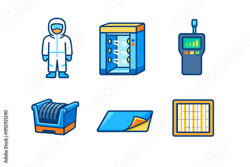 A collection of six flat vector icons representing cleanroom equipment and safety gear, including a protective suit, air shower, sensor, tape dispenser, sticky mat, and air filter.