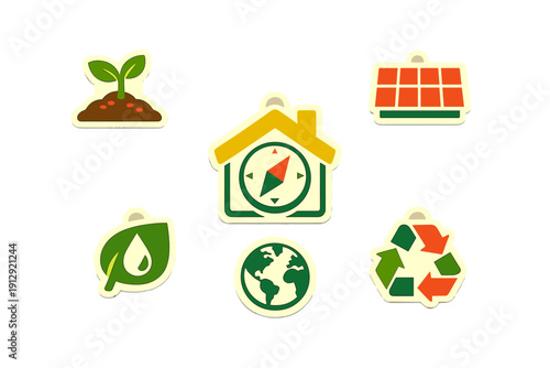 A collection of six environmental icons featuring a sprout, solar panels, a house with a compass, a leaf with a water drop, a globe, and a recycling symbol on a black background.