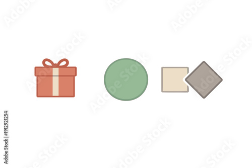A minimalist flat illustration featuring a red gift box with a bow, a green circle, a beige square, and a gray diamond shape arranged horizontally on a solid black background.