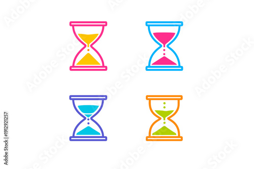 Four colorful hourglass icons are arranged in a grid on a black background. Each sand timer features a unique neon color combination for the frame and the sand inside.