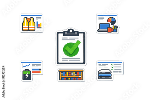 This set of flat vector icons illustrates business management and logistics, including a clipboard with a checkmark, safety gear, data charts, a laptop, and server storage units.