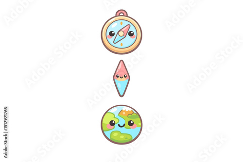 A vertical arrangement of three cute kawaii illustrations including a compass, a needle, and a globe. Each character has a smiling face and is set against a solid black background.