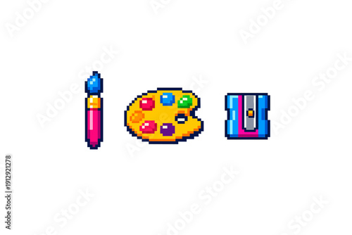A pixel art collection featuring a pink paintbrush, a yellow paint palette with various colors, and a blue pencil sharpener, all isolated on a solid black background.