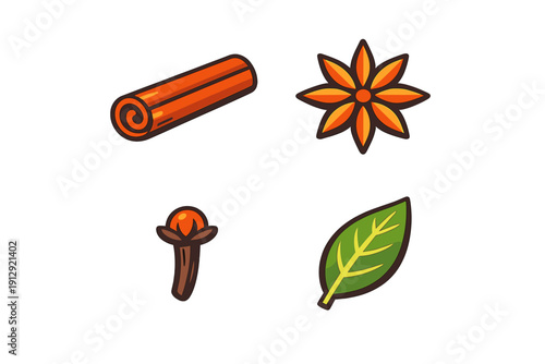 A collection of four stylized spice icons including a cinnamon stick, star anise, clove, and a green bay leaf, presented in a flat vector illustration style on a solid black background.