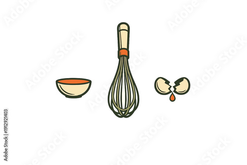A minimalist illustration featuring a cream-colored bowl, a large kitchen whisk, and a cracked eggshell with a single orange yolk drop against a solid black background.