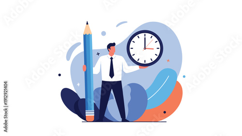 Businessman holding a massive blue pencil and a clock representing time management and creative project deadlines in a work environment.