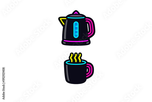 A neon-style illustration featuring a black electric kettle with pink and cyan accents above a steaming mug of hot liquid, set against a solid black background for a glowing effect.