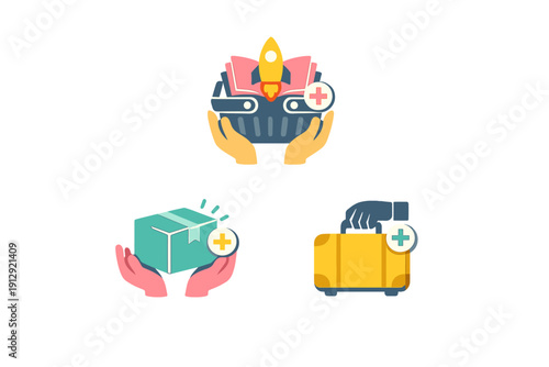 Three flat vector icons on a black background showing hands holding a shopping basket with a rocket, a delivery box, and a yellow suitcase, each featuring a plus sign symbol.