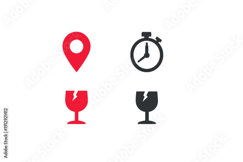This image features four minimalist icons: a red map pin, a grey timer, and two fragile symbols represented by broken wine glasses in red and grey on a black backdrop.