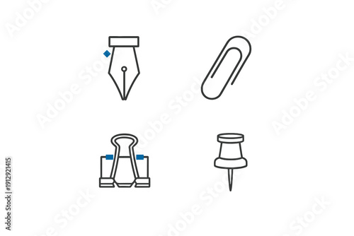 A collection of four minimalist office supply icons including a fountain pen nib, a paperclip, a binder clip, and a pushpin, featuring clean black lines and small blue accents.