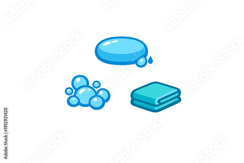 This vector illustration shows a blue bar of soap, a group of bubbles, and a folded blue towel on a black background. It represents hygiene, cleanliness, and bathroom essentials.