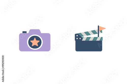 A flat illustration of a purple camera with a star on its lens and a dark blue movie clapperboard with a small orange flag, both set against a solid black background.